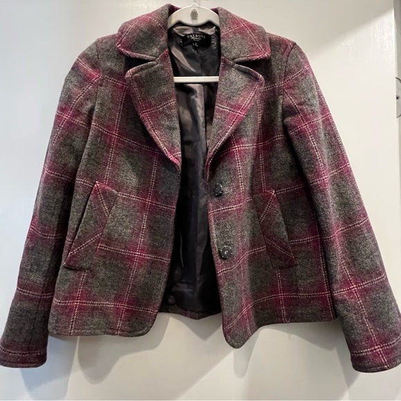 Talbots Wool Blazer Coat Gray Pink/Lavender 2P Plaid Front Pockets - Picture 2 of 6